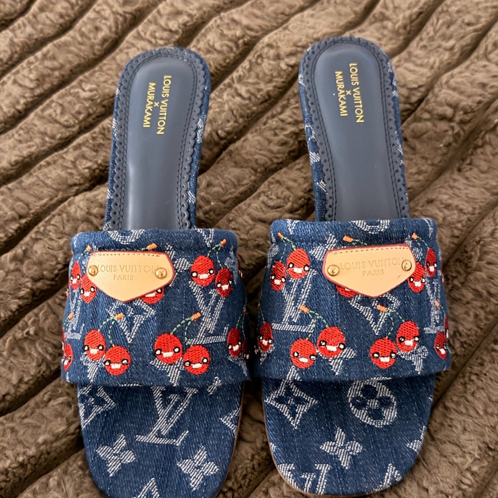 Louis Vuitton Blue Denim Slides with Red Accents